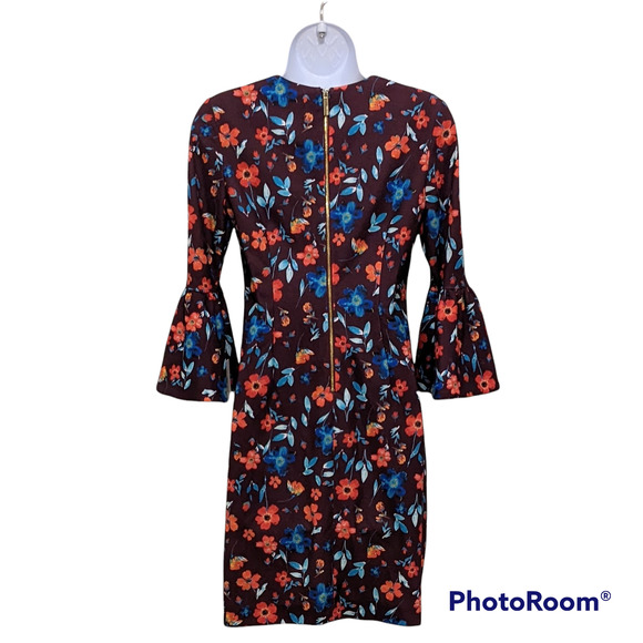 Calvin Klein Women's Floral Bell-Sleeve Dress Burgundy/Poppy Red Size 2 NWT - Picture 2 of 4